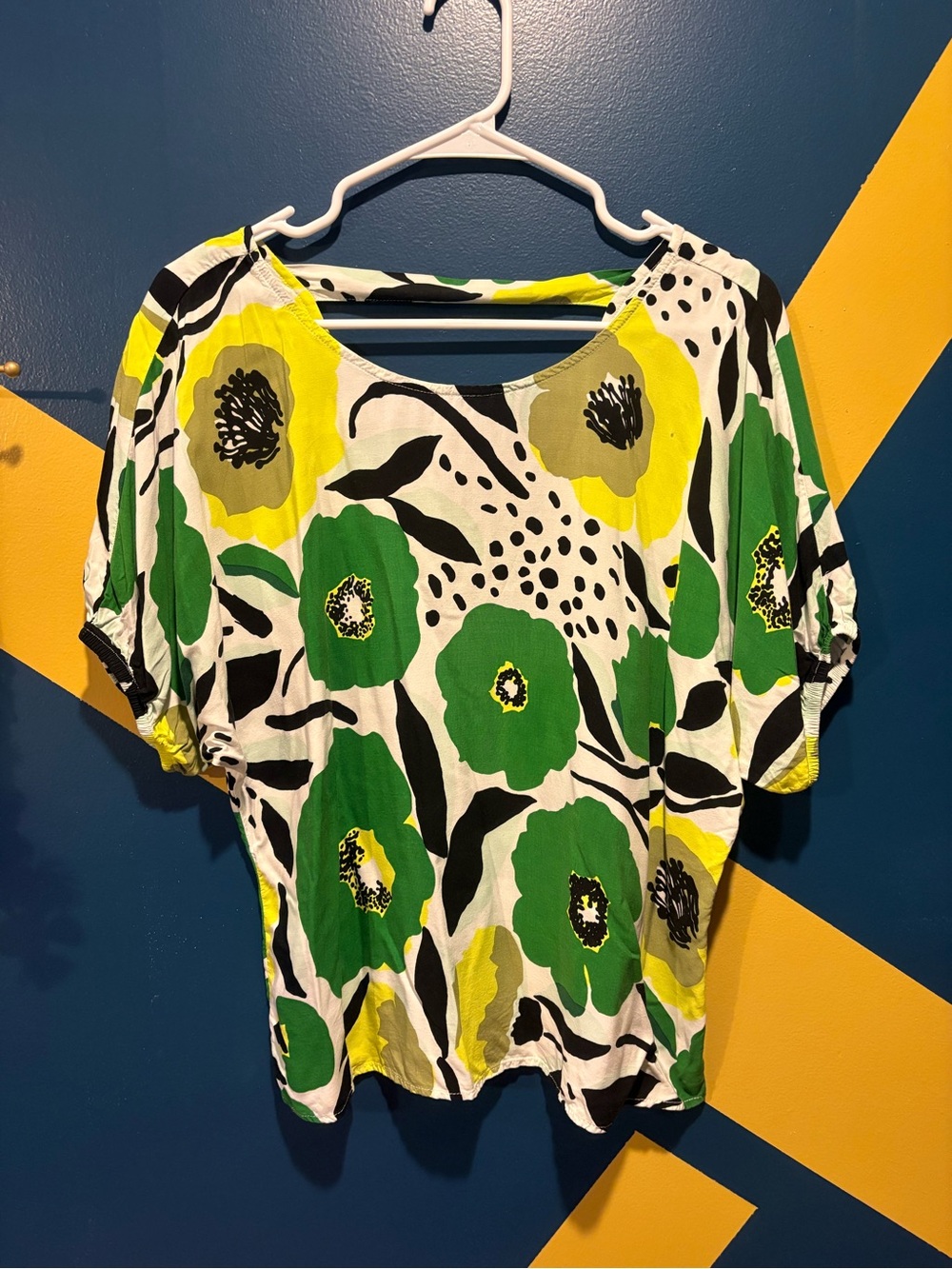 Ragged White, Green & Yellow Floral Short Dolman Sleeve Blouse EUC